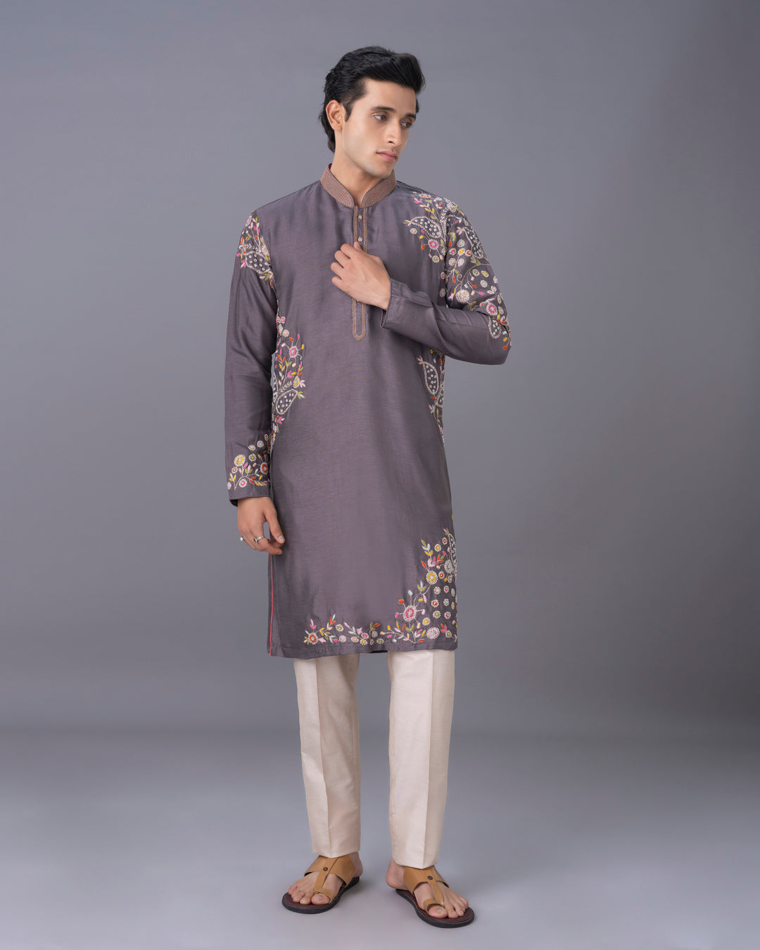Grey Silk Kurta Set with Print & Embroidery