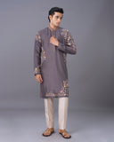Grey Silk Kurta Set with Print & Embroidery