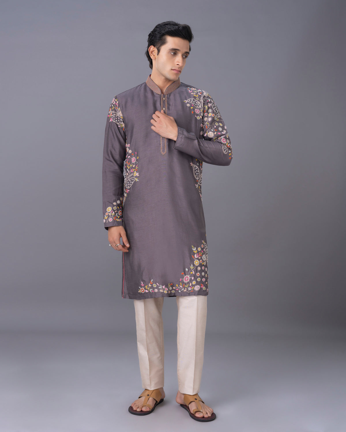 Grey Silk Kurta Set with Print & Embroidery