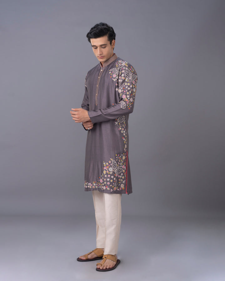 Grey Silk Kurta Set with Print & Embroidery