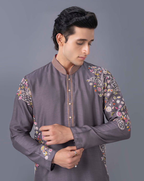 Grey Silk Kurta Set with Print & Embroidery