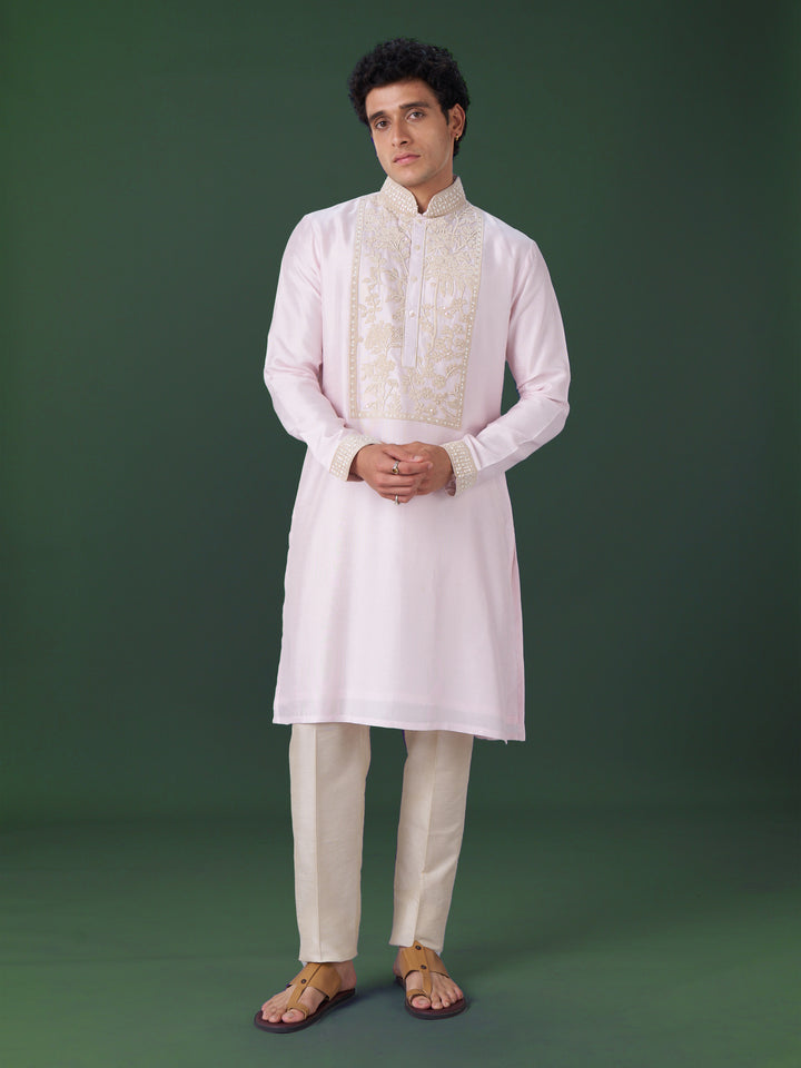 Pink Embroidered Silk Kurta Set with Alighari