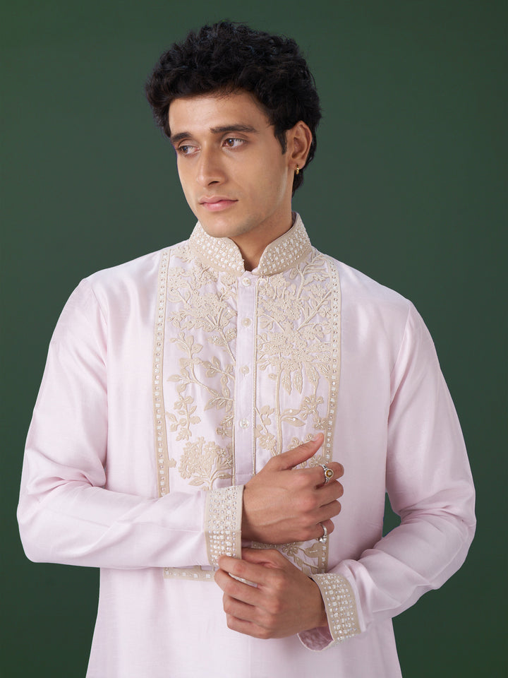 Pink Embroidered Silk Kurta Set with Alighari