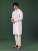 Pink Embroidered Silk Kurta Set with Alighari