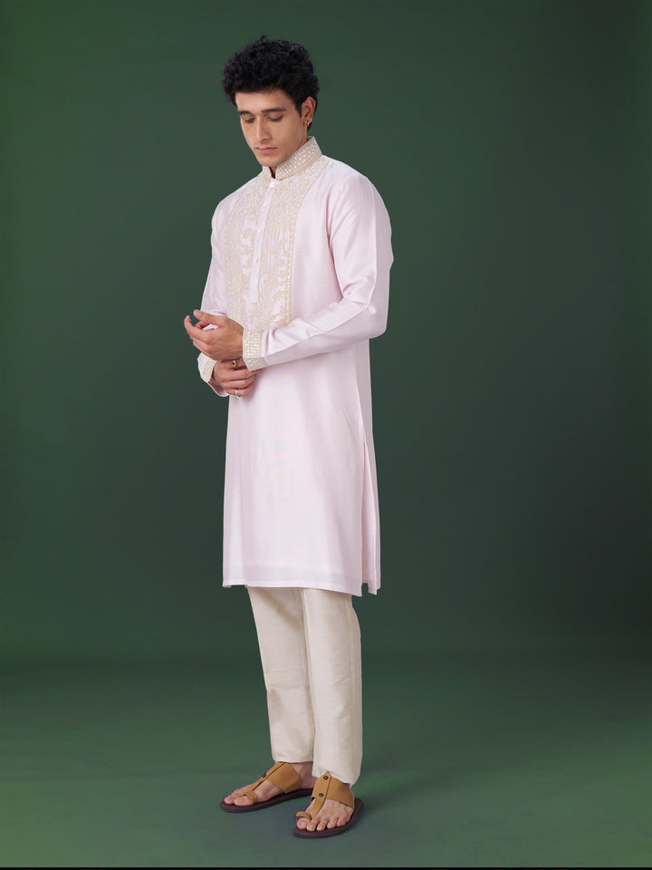 Pink Embroidered Silk Kurta Set with Alighari