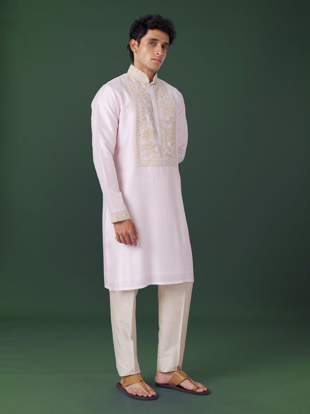Pink Embroidered Silk Kurta Set with Alighari