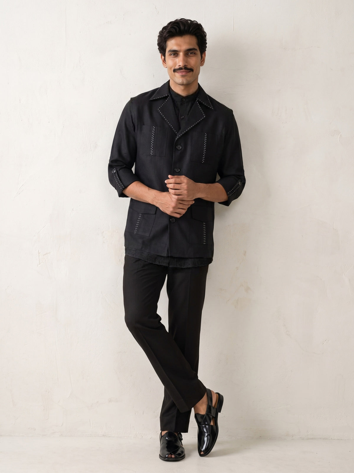 Black Bandi and Shirt Set with Contrast Stitching and Statement Lapels