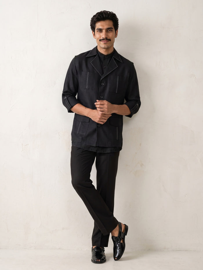 Black Bandi and Shirt Set with Contrast Stitching and Statement Lapels