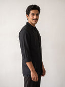 Black Bandi and Shirt Set with Contrast Stitching and Statement Lapels