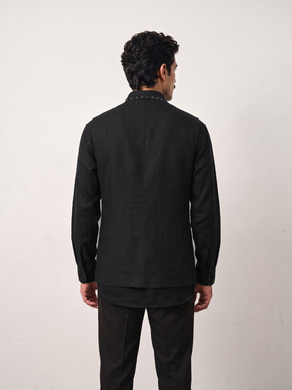 Black Bandi and Shirt Set with Contrast Stitching and Statement Lapels