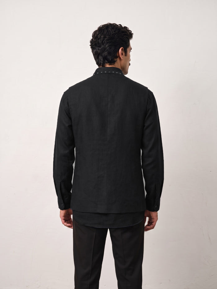 Black Bandi and Shirt Set with Contrast Stitching and Statement Lapels