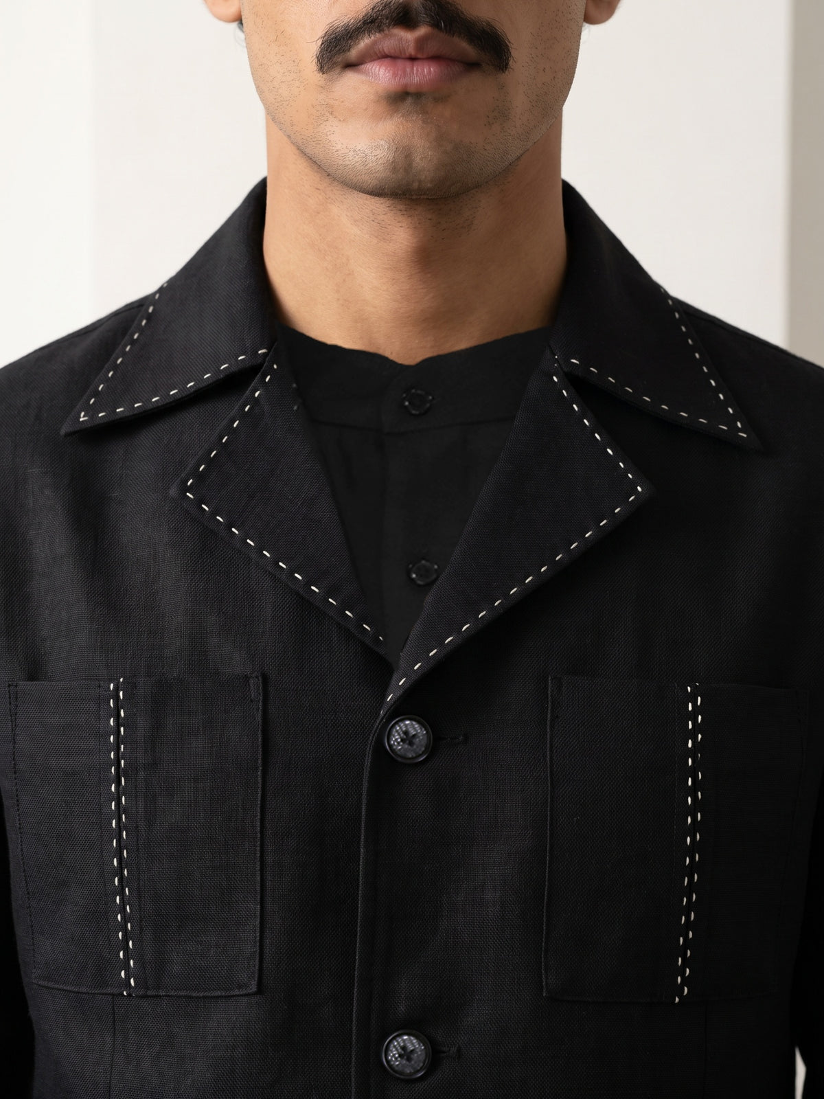 Black Bandi and Shirt Set with Contrast Stitching and Statement Lapels