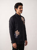 Black Linen Embroidered Bandi with Chinese Collar Shirt