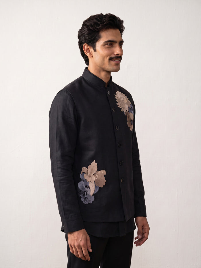 Black Linen Embroidered Bandi with Chinese Collar Shirt - KORANM