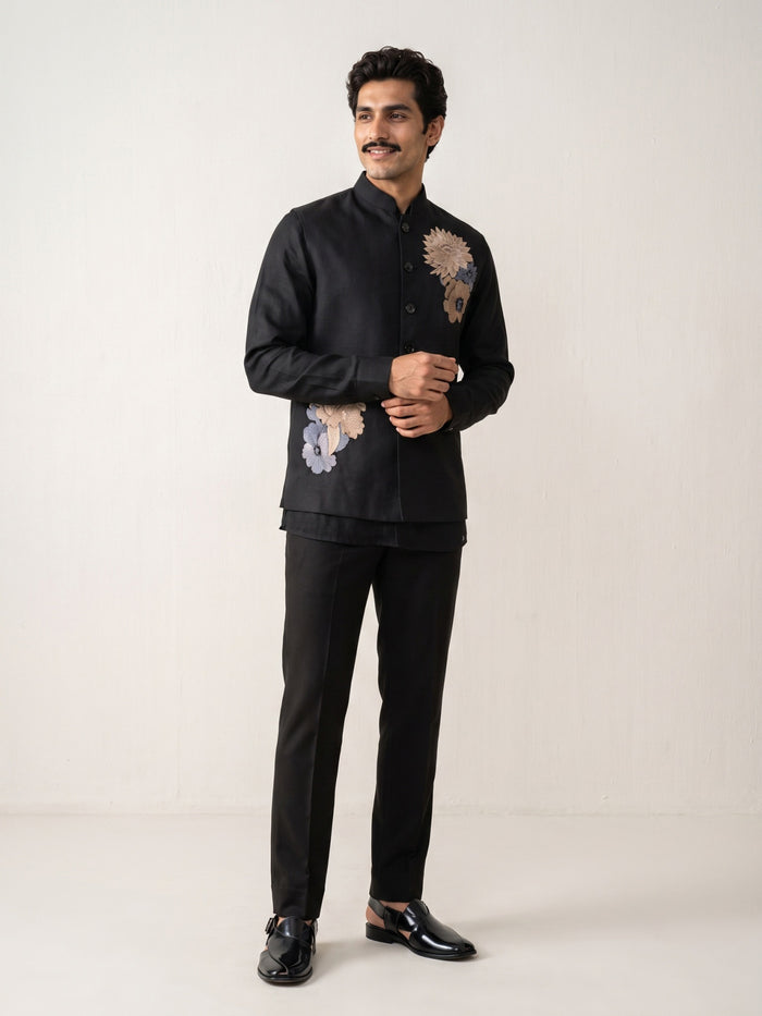 Black Linen Embroidered Bandi with Chinese Collar Shirt - KORANM