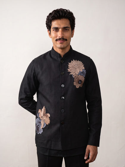 Black Linen Embroidered Bandi with Chinese Collar Shirt