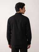 Black Linen Embroidered Bandi with Chinese Collar Shirt