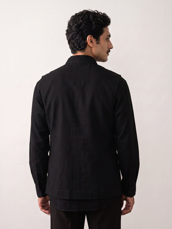 Black Linen Embroidered Bandi with Chinese Collar Shirt - KORANM