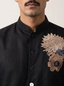 Black Linen Embroidered Bandi with Chinese Collar Shirt