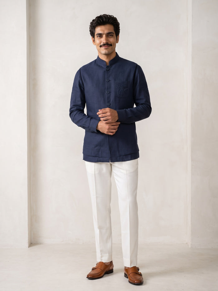 Navy Linen Embroidered Bandi Shirt with Chinese Collar - KORANM