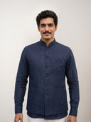 Navy Linen Embroidered Bandi Shirt with Chinese Collar