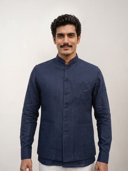Navy Linen Embroidered Bandi Shirt with Chinese Collar