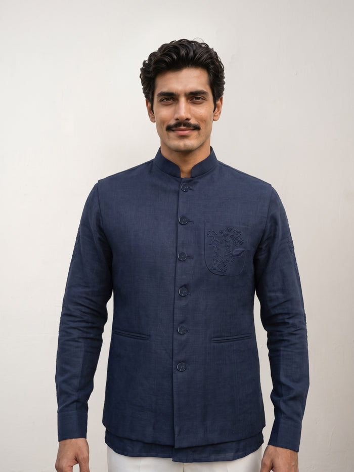 Navy Linen Embroidered Bandi Shirt with Chinese Collar - KORANM