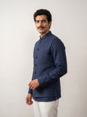 Navy Linen Embroidered Bandi Shirt with Chinese Collar