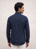 Navy Linen Embroidered Bandi Shirt with Chinese Collar