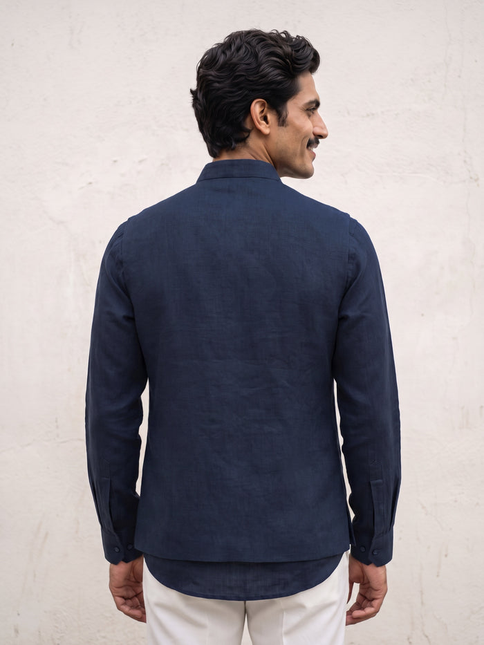 Navy Linen Embroidered Bandi Shirt with Chinese Collar - KORANM