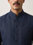 Navy Linen Embroidered Bandi Shirt with Chinese Collar