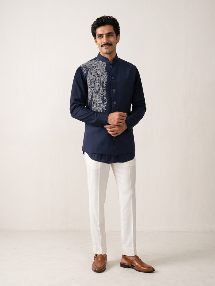 Navy Terry Rayon Chinese Collar Embroidered Bandi Shirt - KORANM