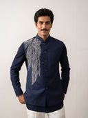 Navy Terry Rayon Chinese Collar Embroidered Bandi Shirt