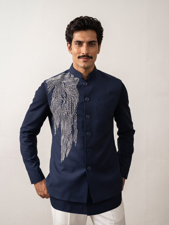 Navy Terry Rayon Chinese Collar Embroidered Bandi Shirt - KORANM