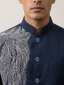 Navy Terry Rayon Chinese Collar Embroidered Bandi Shirt