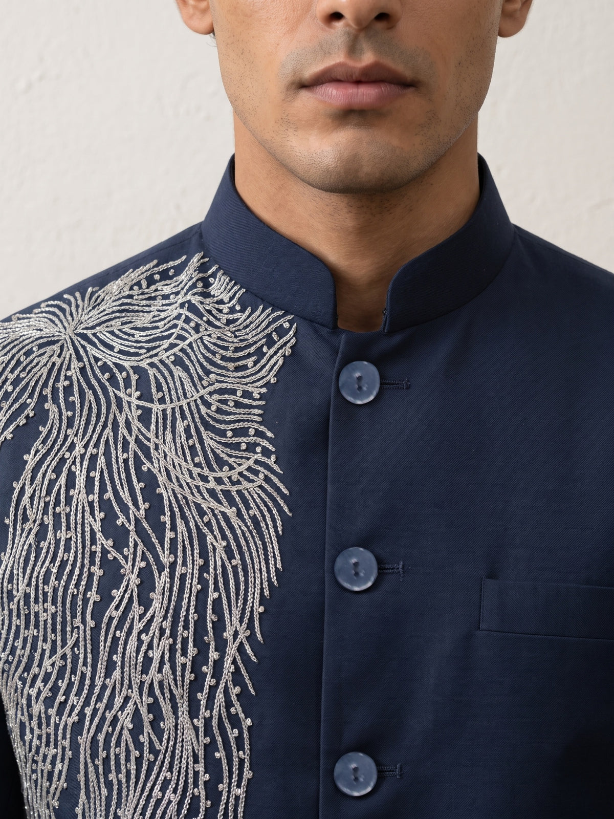 Navy Terry Rayon Chinese Collar Embroidered Bandi Shirt - KORANM