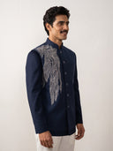 Navy Terry Rayon Chinese Collar Embroidered Bandi Shirt