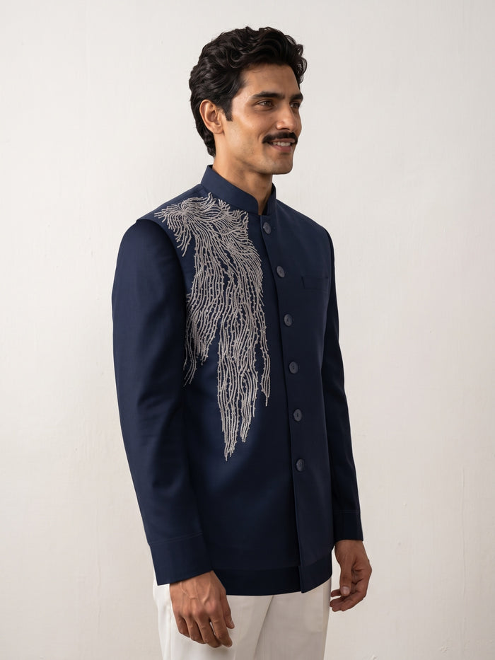 Navy Terry Rayon Chinese Collar Embroidered Bandi Shirt - KORANM