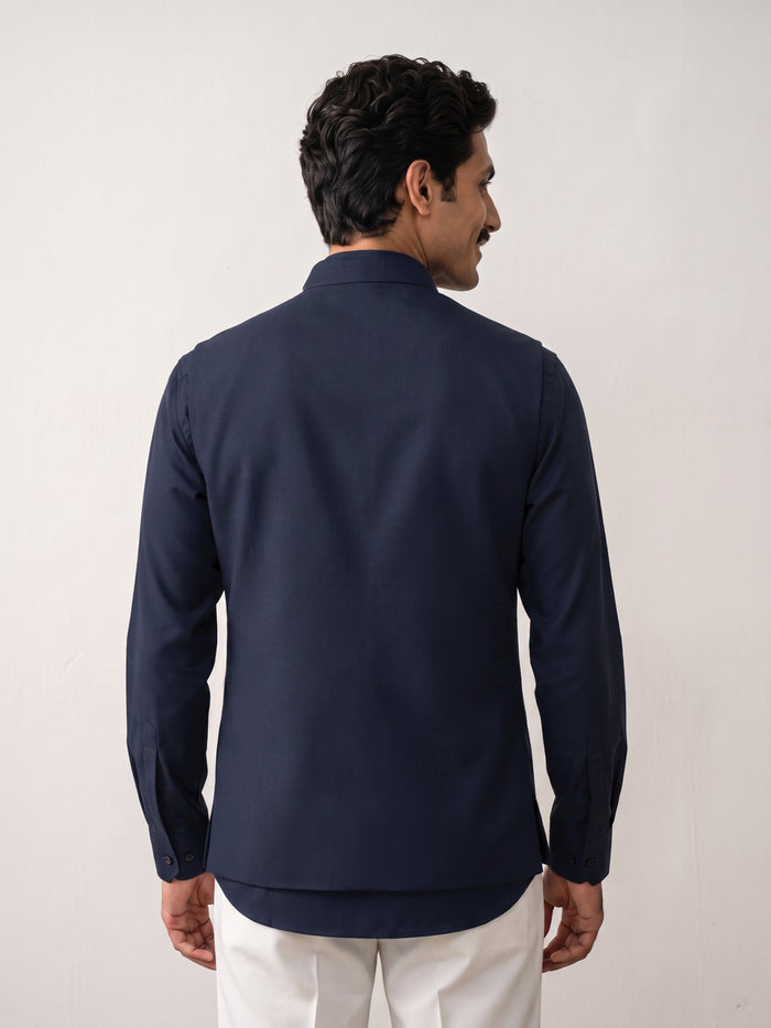Navy Terry Rayon Chinese Collar Embroidered Bandi Shirt - KORANM