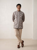 Light Brown Linen Bandi Shirt with Floral Thread Embroidery for Men