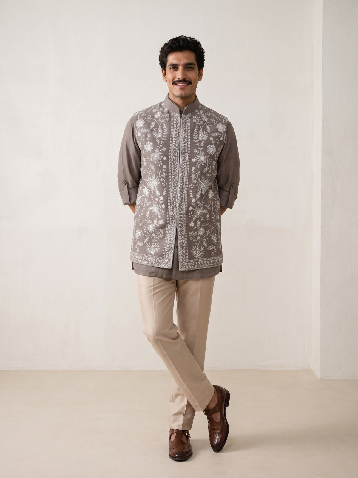 Light Brown Linen Bandi Shirt with Floral Thread Embroidery for Men