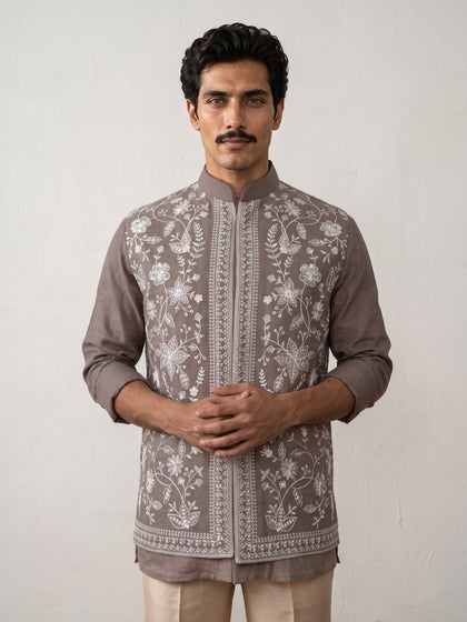 Light Brown Linen Bandi Shirt with Floral Thread Embroidery for Men
