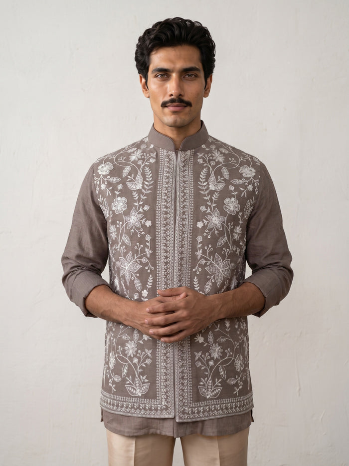 Light Brown Linen Bandi Shirt with Floral Thread Embroidery for Men