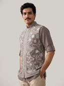 Light Brown Linen Bandi Shirt with Floral Thread Embroidery for Men