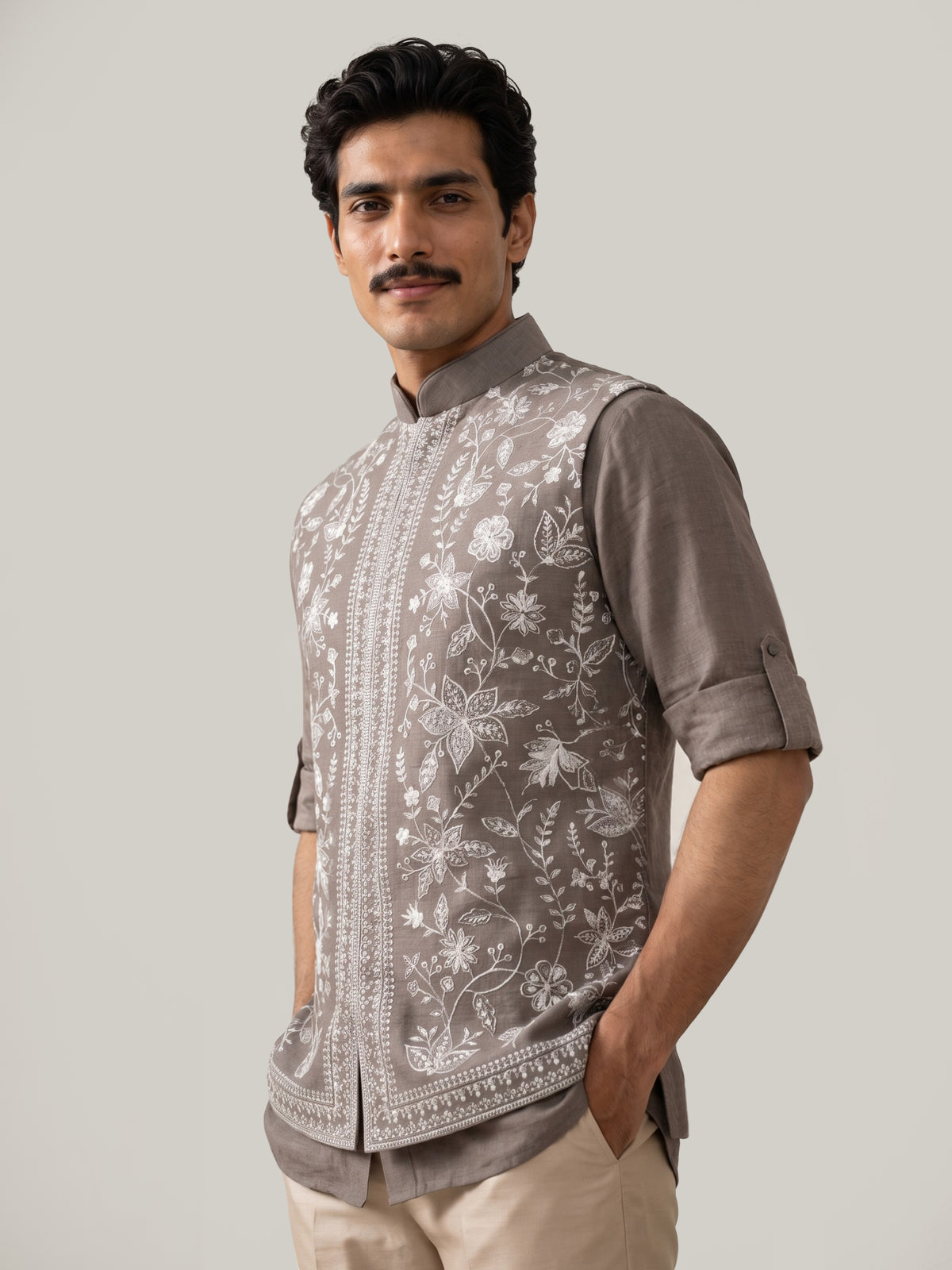 Light Brown Linen Bandi Shirt with Floral Thread Embroidery for Men