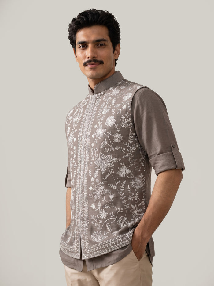 Light Brown Linen Bandi Shirt with Floral Thread Embroidery for Men