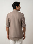 Light Brown Linen Bandi Shirt with Floral Thread Embroidery for Men