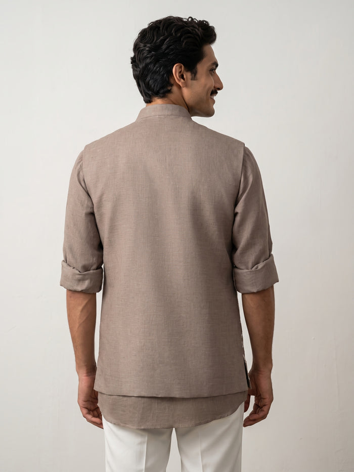 Light Brown Linen Bandi Shirt with Floral Thread Embroidery for Men