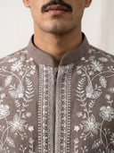 Light Brown Linen Bandi Shirt with Floral Thread Embroidery for Men