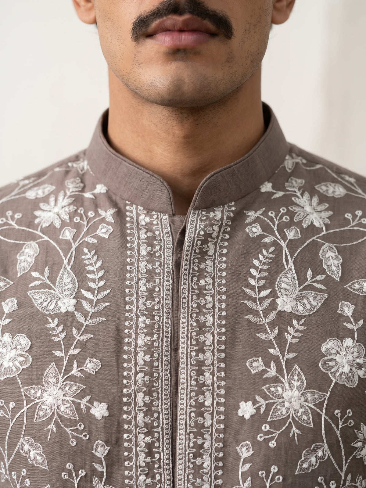 Light Brown Linen Bandi Shirt with Floral Thread Embroidery for Men